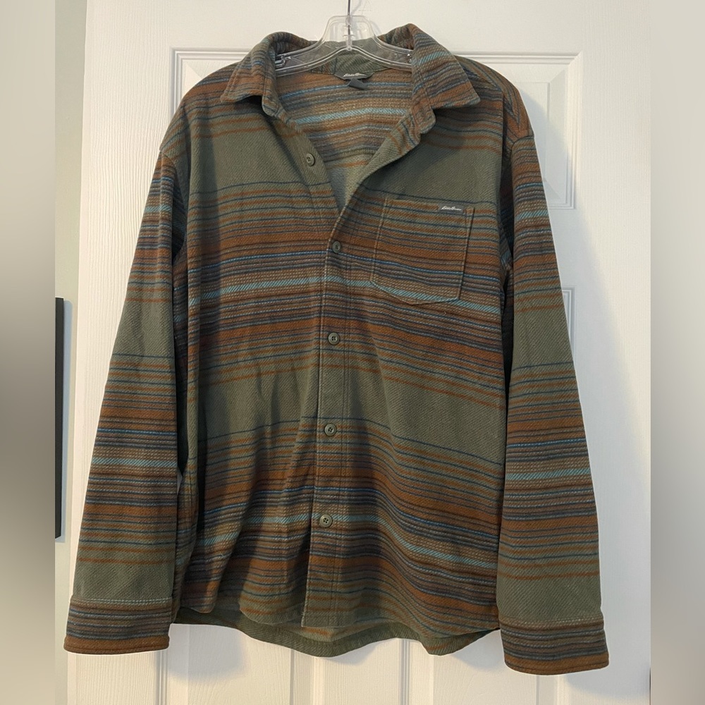 Eddie Bauer Men’s Fleece Shacket, green and orange stripe